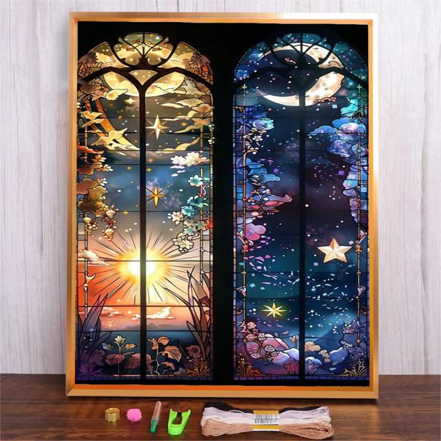 Conjunto de Bordado de Paisagem em Desenho Animado para Iniciantes - Kit DIY de Artesanato com Fio de Algodão e Ponto Cruz