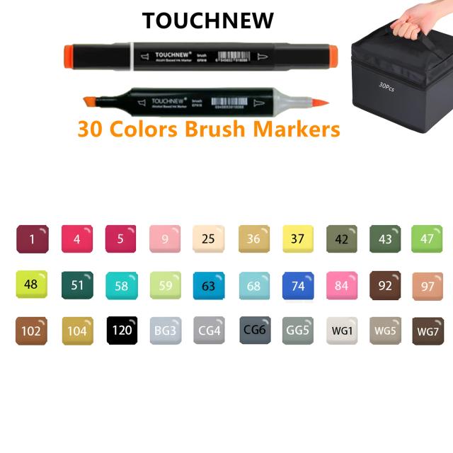 Marcadores de Álcool TOUCHNEW para Artistas: Pincéis e Cincéis de Dupla Ponta em 30 Cores Vibrantes para Desenho e Colorir com Pincel Macio