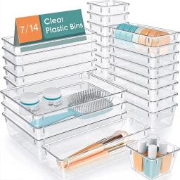 Clear Plastic Gaveta Organizadores Set, Desk Divisores Bins, Caixa de armazenamento para o quarto, cômoda, maquiagem do escritório, Gadgets Jóias, 7 Pcs, 14 Pcs - Image 1