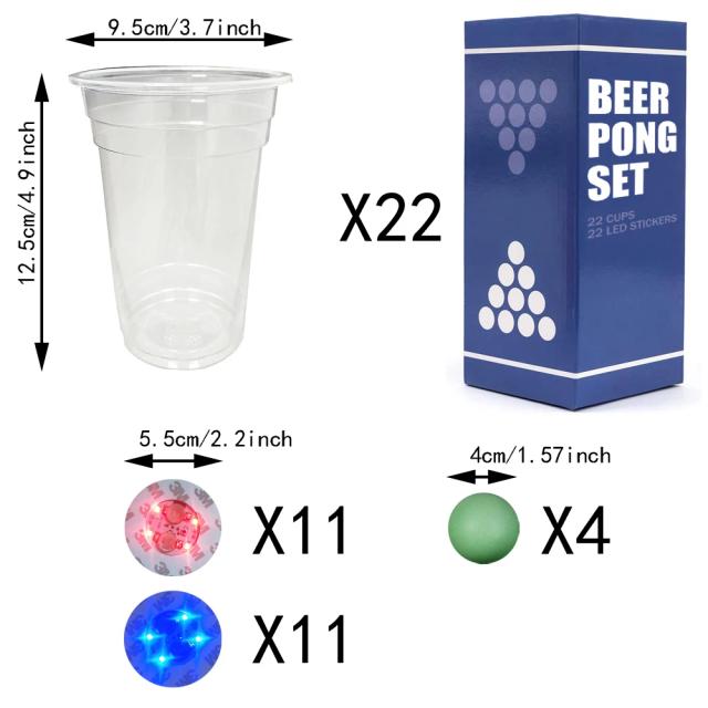 Conjunto Festivo de Cerveja Pong Escuro com Copos LED Brilhantes - 22 Peças de 16 oz para Suas Festas