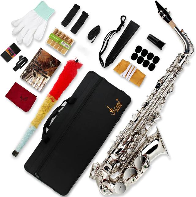 Saxofone Eb Alto SLADE Prata para Iniciantes e Adultos com Acessórios e Pano de Limpeza