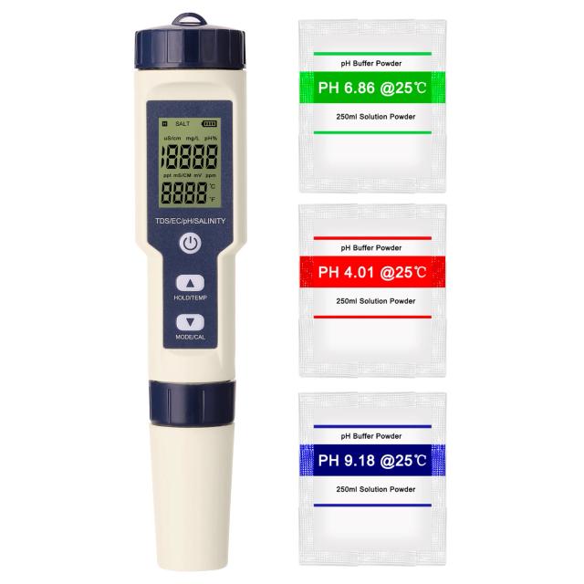 Teste Combo 5 em 1 para Qualidade da Água: Medidor Digital de pH, CE, TDS, Salinidade e Temperatura