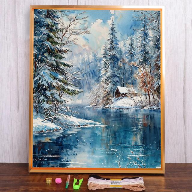 Kits de Bordado Cross Stitch para Iniciantes com Fio de Algodão: Artesanato de Inverno com Padrões de Paisagens Neve e Florestas