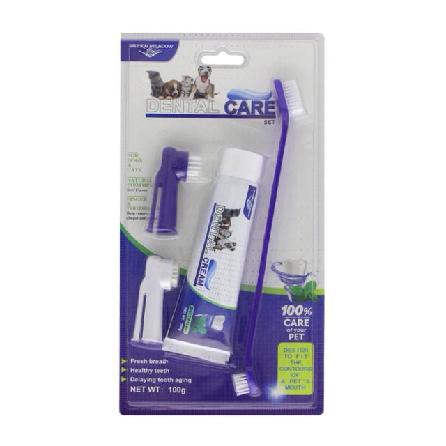 Kit Completo de Cuidados Dentais para Pets - Controle de Tártaro com Creme Dental, Escova e Fingerbrush para Cães, 4 Peças