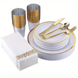 Ouro conjunto de utensílios de mesa descartáveis, adequado para 10 pessoas, adequado para casamentos, festas, reunião familiar, 70pcs - Image 1