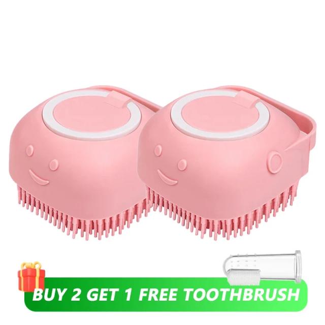 Escova de Banho Massageadora para Cães e Gatos com Cerdas de Borracha e Dispenser de Shampoo em Silicone Macio