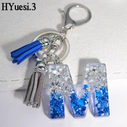 Glitter Resina Inicial Letra Chaveiros, Nome Pingente Em Forma com Chaveiros, Borla para Bolsa, Ornamento Favores Do Partido, Azul e Branco - Image 3