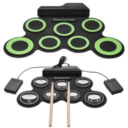 Bateria de Silicone portátil com baquetas e sustentar Pedal, rolo de mão, USB, dobrável, música, Pad, eletrônico, prática - Image 1