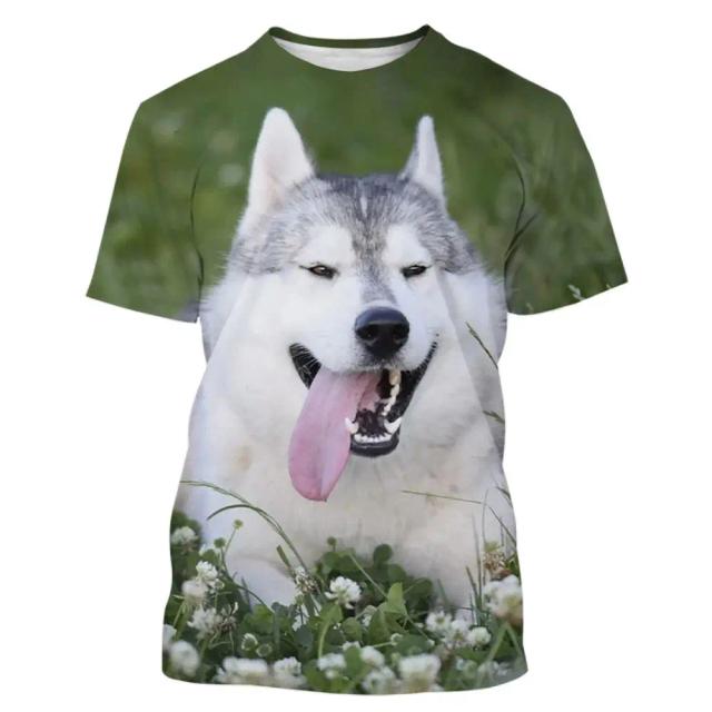 Camiseta Husky 3D Estampa Divertida para Homens, Mulheres e Crianças - Moda Oversized em Manga Curta