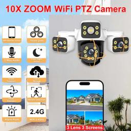 Câmera wi-fi 6k 12mp, três lentes, zoom 10x, câmeras ptz externas, conversa bidirecional, proteção de segurança, vigilância por vídeo, câmera inteligente cctv - Image 1
