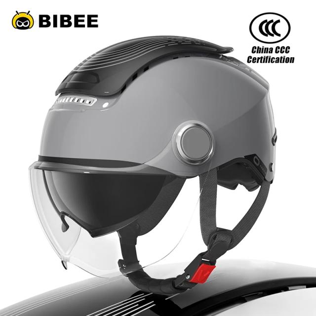 Bibee Capacete de Moto Elétrica Verão Respirável Bicicleta Elétrica Rosto Aberto Lentes Duplas Jet Scooter Metade Capacete