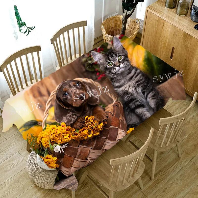 Toalha De Mesa De Linho Retangular Com Padrão De Cão E Gato 3D, Resistente A Manchas, Tapetes De Mesa De Jantar, Decoração Do Restaurante - Image 1