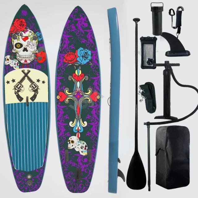 Prancha Inflável SUP Addfun com Estilo Escuro, Design de Crânio Cruzado e Acessórios Incluídos para Wakeboard e Stand-Up Paddle