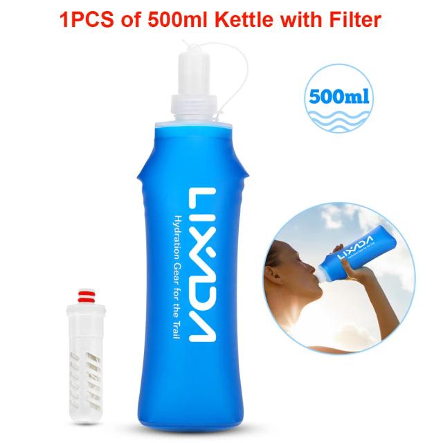 Garrafa de Água Dobrável Portátil com Filtro 500ml para Atividades ao Ar Livre como Acampamento, Corrida e Ciclismo