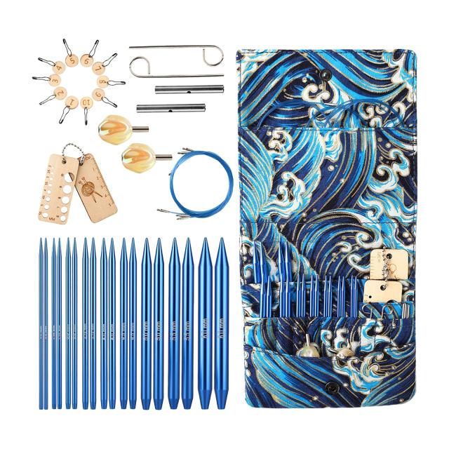 Agulhas de Tricô Circular com Padrão Azul - Conjunto Completo para Artesanato DIY e Organizador de Costura
