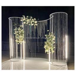 S-Shape Branco Casamento Arco, Contas De Cristal, Cortina De Suspensão LED Light, Casamento Arco Frame, Metal com Flores - Image 1