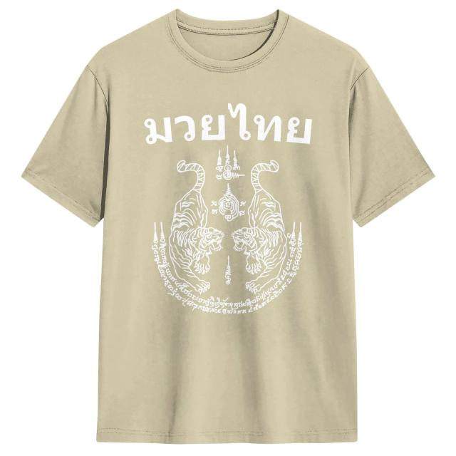 Camiseta Masculina Algodão Estampa Muay Thai Sak Yant Twin Tiger Manga Curta