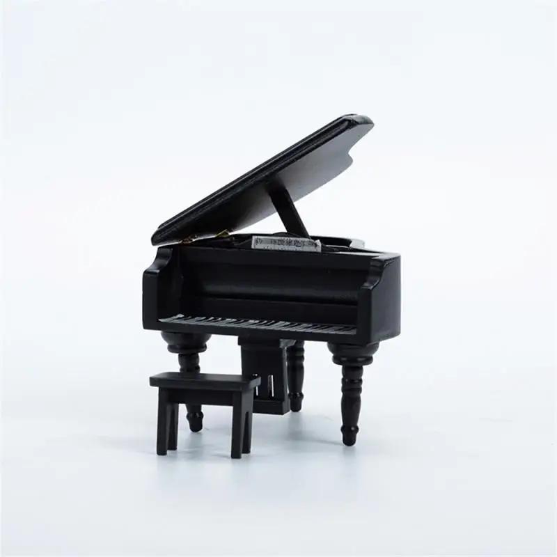 Dollhouse Piano Miniatura com Banquinho, Modelo De Madeira Artesanal, Instrumento Musical, Conjunto De Piano Retro, Decoração Presente - Image 1