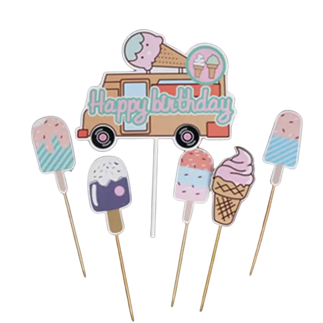 Cartão de Inserção para Bolo em Festa de Aniversário com Tema de Praia e Decoração para Mesa de Sobremesas e Carro de Sorvete