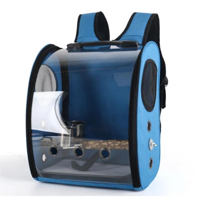 Gaiola de Viagem Transparente com Suporte para Papagaio - Mochila Pet com Bolha e Copo para Pouso Ideal para Caminhadas