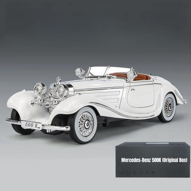 Mercedes-Benz 500K Brinquedo de Carro Vintage Clássico Miniatura Diecast com Som e Luz, Presente Perfeito para Meninos, Escala 1:24