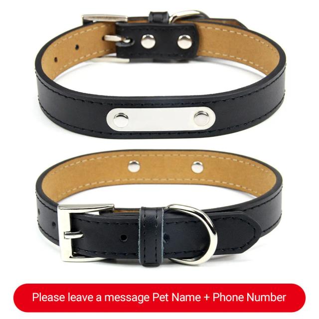 Coleira de couro personalizada e ajustável para cães e gatos, com nome e recurso anti-perda