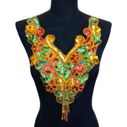 Ouro e prata arco-íris lantejoulas grânulos tecido colarinho apliques, costurar no remendo, nobre bordado, barroco, decoração do casamento, vestido, bricolage - Image 4