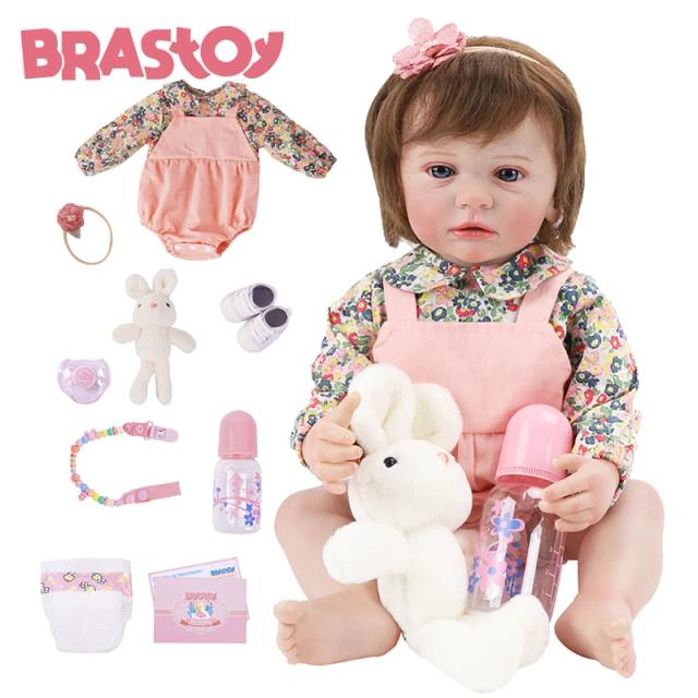 BRASTOY Boneca Bebê Reborn 55cm Menina Pintada Silicone Olhos Azuis