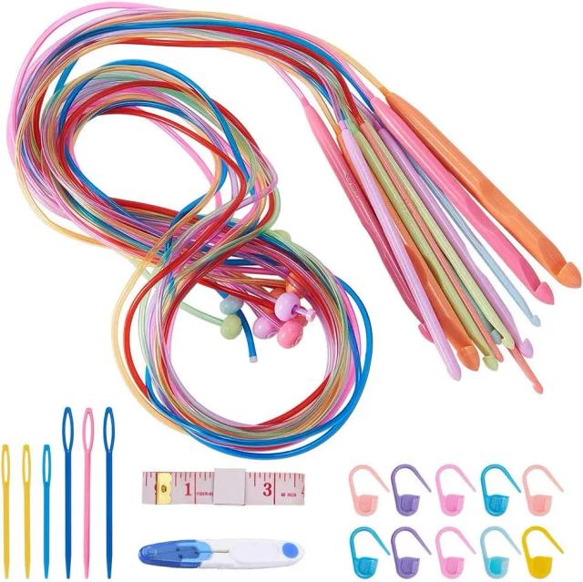 Conjunto Completo de 30 Peças de Ganchos de Crochê Afegão Tunisino com Cabos de Plástico (3.5mm-12.0mm) e Acessórios Essenciais para Tecelagem
