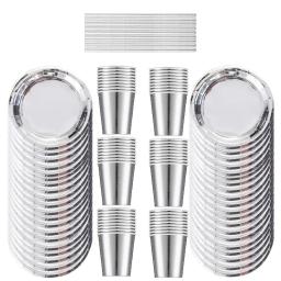 Bandejas e copos de papel descartáveis, adequados para decorações de casamento e aniversário, festa de prata para 50 convidados, fornecimento 75 - Image 1
