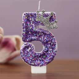 Velas de aniversário de coroa de glitter para crianças, decoração de bolo, vela roxa para festa de menino, número 0-9 - Image 2