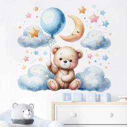 Adesivos de parede para quarto infantil, decoração do quarto do bebê, decalques de parede, aquarela, desenhos animados, ursinho de pelúcia, nuvem, estrelas, balão - Image 5