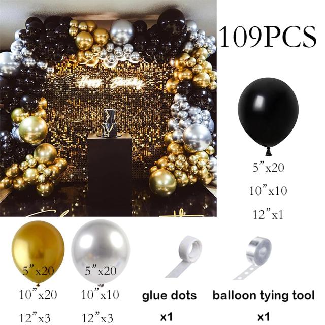 Kit de Decoração com 109 Balões Prets, Metálicos Ouro e Prata para Festa de Aniversário e Formatura - Guirlanda e Arco para Revelação de Gênero