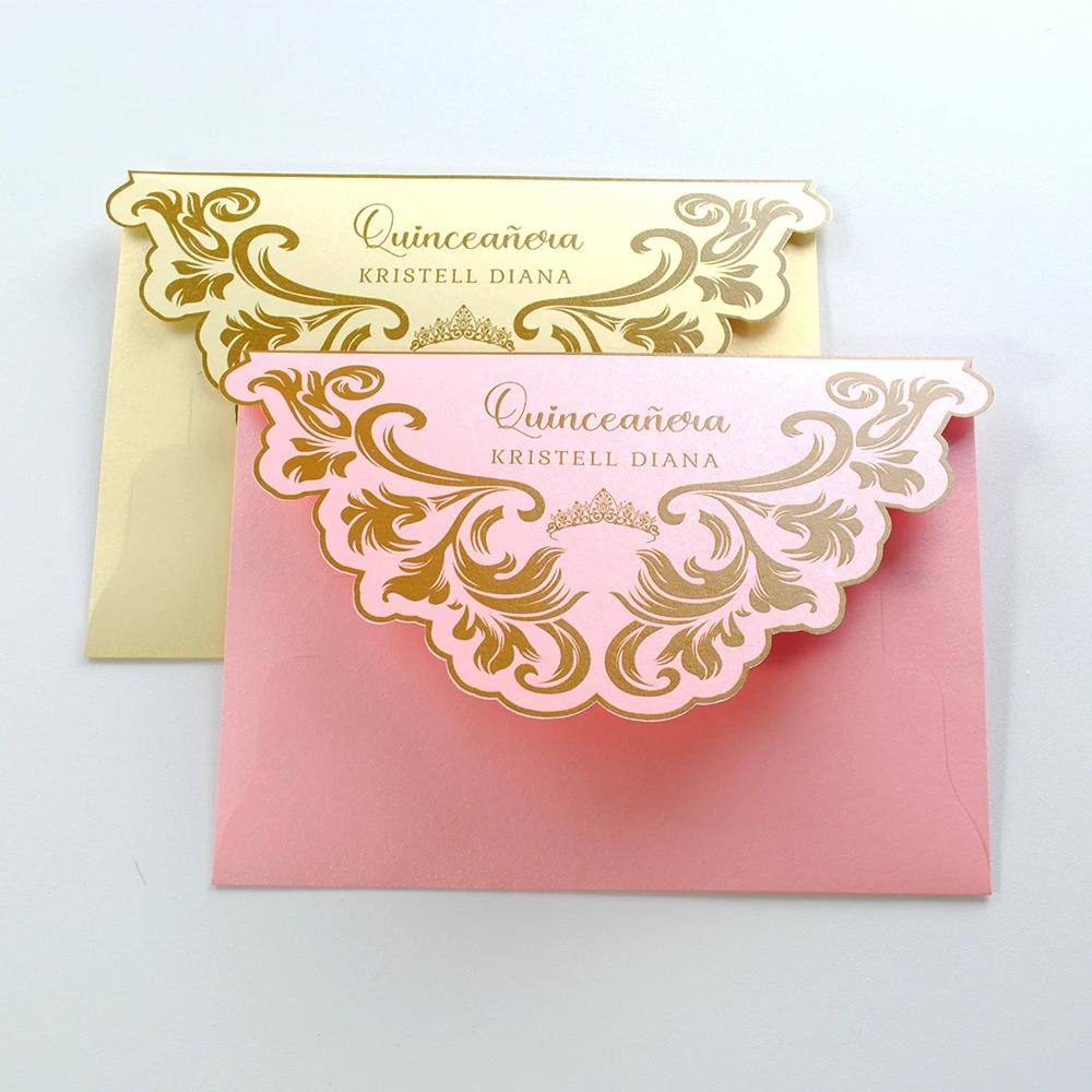 Cartão do convite do casamento da flor de luxo com envelope, Cartões acrílicos claros do ouro rosa personalizado, Amostra do convite, 10Pcs - Image 1