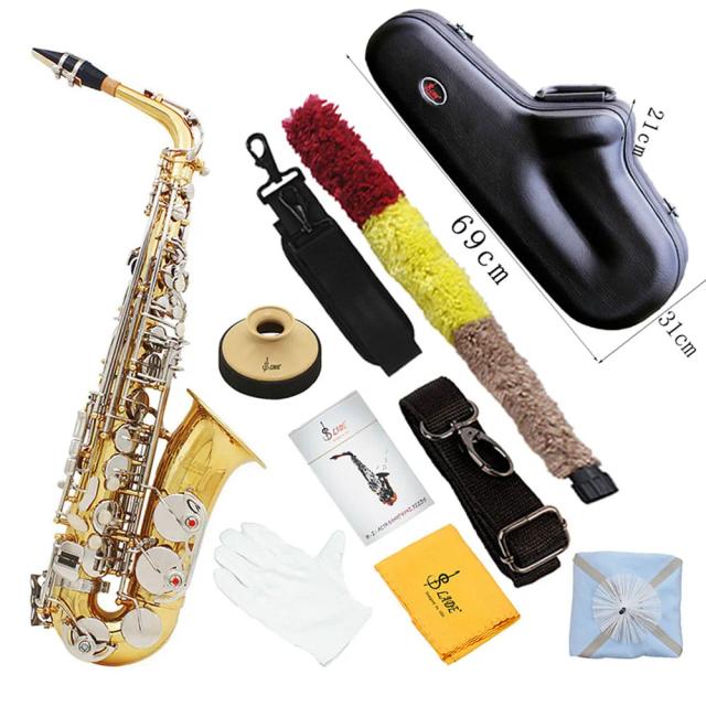 Saxofone Alto SLADE-Eb com Estojo de Couro e Acabamento Eletroforético Dourado - Instrumento de Sopro Premium com Palhetas de Alta Qualidade