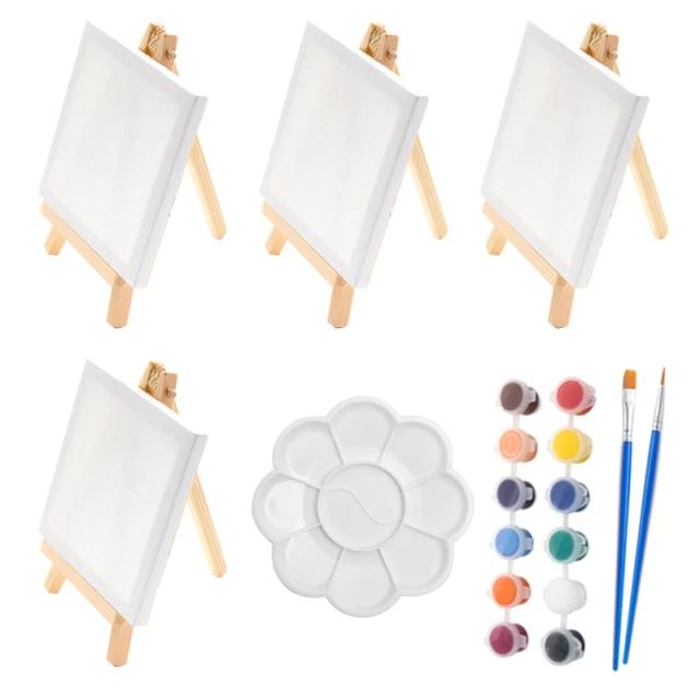 Mini Conjunto de Pintura: 23 Peças com Tela, Lona, Cavalete, Paleta e Pincel para Crianças na Escola