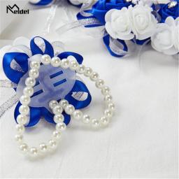 Conjunto de 6 corsagens de pulso rosa azul real flores para o casamento prom nupcial dama de honra menina mãe mulher rosa pulseira mão flores - Image 2