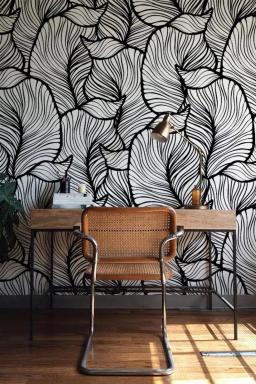 Folha monocromática papel de parede, folhas exóticas papel de parede, estilo barroco mural da parede, decoração da casa, fácil de instalar decalque da parede, removível wal - Image 1