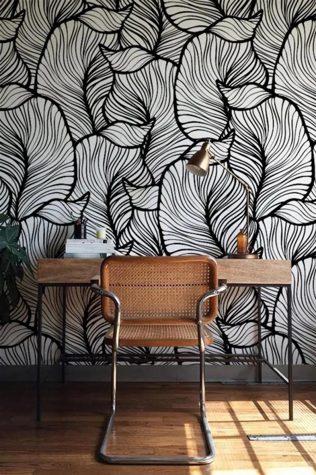 Papel de Parede Monocromático com Folhas Exóticas em Estilo Barroco – Decoração da Casa Fácil de Instalar e Removível