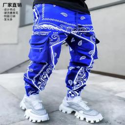 Calças masculinas com estampa de flor de caju, estilo europeu e americano, macacão de bolso múltiplo solto, pés de homem, novo - Image 1