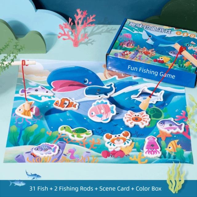 Brinquedo de Pesca Magnética Montessori Madeira Jogo Interativo Educacional