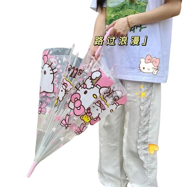 Guarda-chuva transparente Hello Kitty para meninas, com design animado e punho longo e duplo