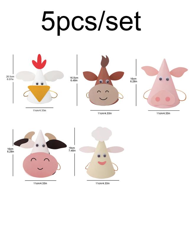 Conjunto de 5 Chapéus para Festa DIY de Aniversário Animal Dia das Crianças