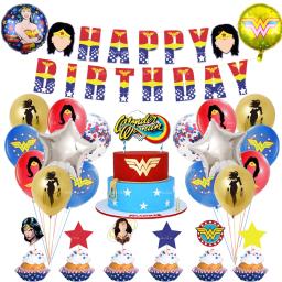 Super-herói tema do miúdo balão de aniversário decoração de festa maravilhas mulher banner bolo conjunto de cartões de chá de bebê globos festa de eventos suprimentos - Image 1