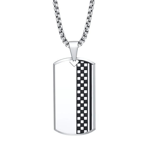 Pingente de Aço Inoxidável em Estilo Checkerboard para Homens - Colar Militar Durável com Corrente, Jóia que Não Desvanece