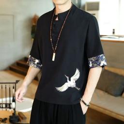 Estilo chinês masculino verão fino algodão linho manga curta camiseta bordado guindaste design solto ajuste botão-up camisa casual - Image 1