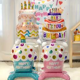 Balão de bolo de aniversário com base, balão de folha de pé, balão de bolo fofo, crianças, meninos, meninas, decoração de festa de aniversário, chá de bebê - Image 2