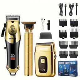 Máquina de cortar cabelo recarregável USB para homens, conjunto de três peças com cabeça de óleo e aparadores elétricos, ideais para uso doméstico - Image 1