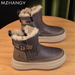 Plataforma feminina pele neve tornozelo botas apartamentos de couro curto pelúcia sapatos de algodão tendência moda tênis quente novo aconchegante mujer goth botas - Image 1