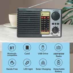 Rádio lanterna LED portátil para acampar, AM, FM, SW, solar, emergência, clima, compatível com Bluetooth 5.0, leitor de música - Image 2